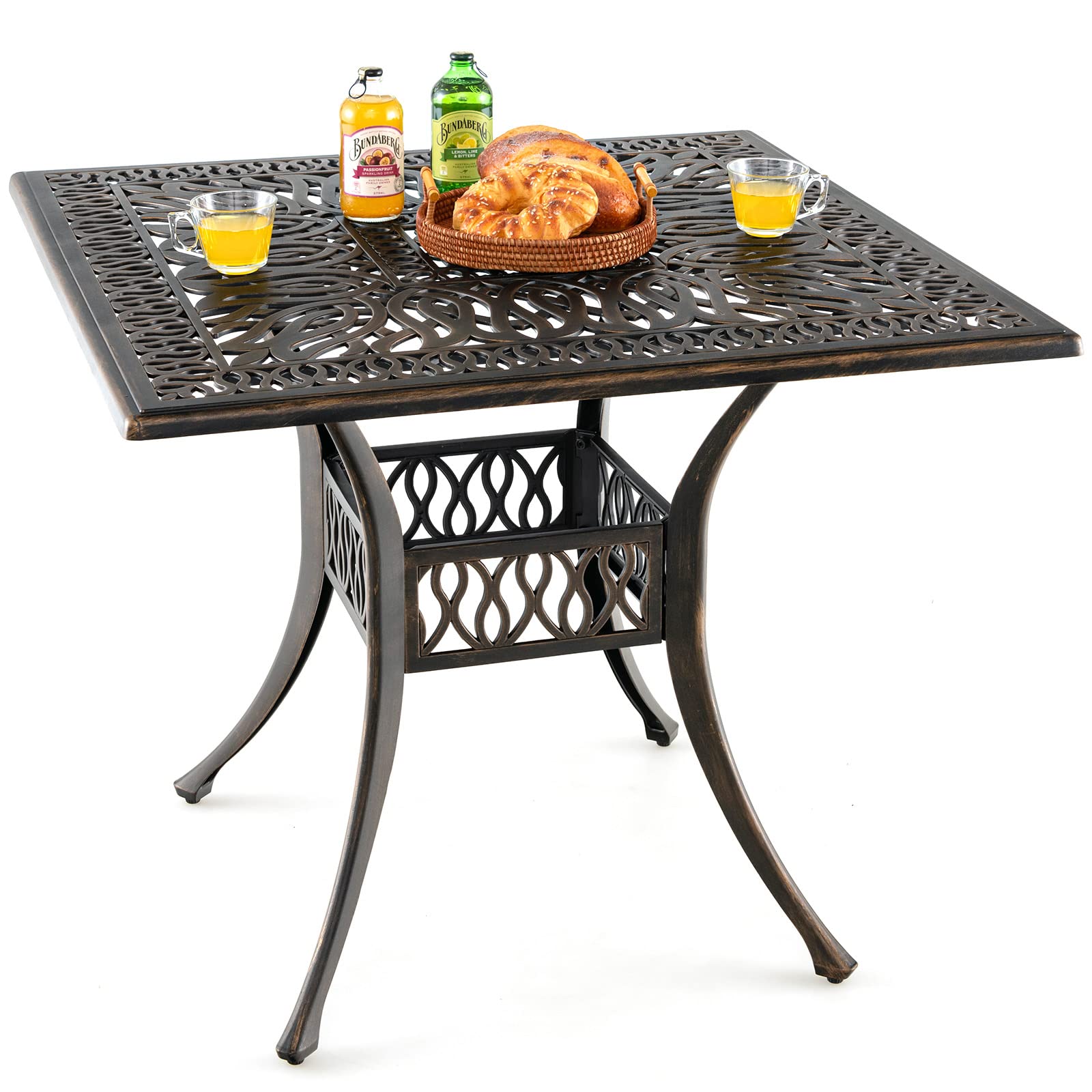 Table de salle à manger d'extérieur Tangkula de 90 cm, Table en aluminium moulé résistant aux intempéries avec trou pour parasol de 5,6 cm